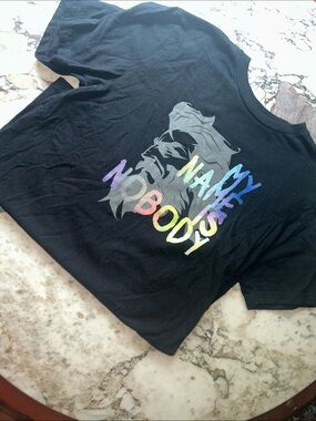 Black Short Sleeve Graphic Tee with Rainbow 'Nobody's Name' Design size S